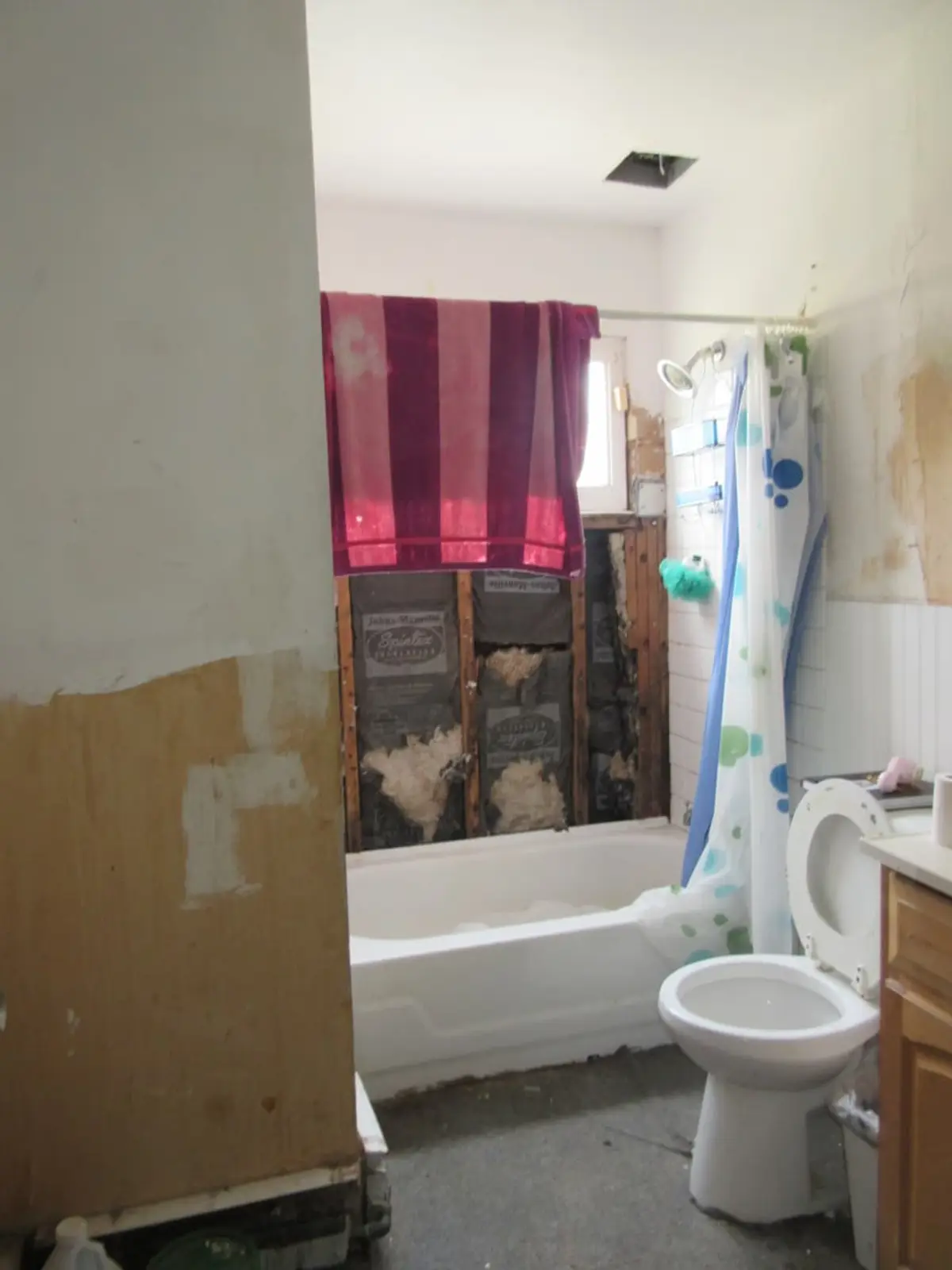 Selling a house with mold in Brentwood: bathroom with the wall torn open around the tub